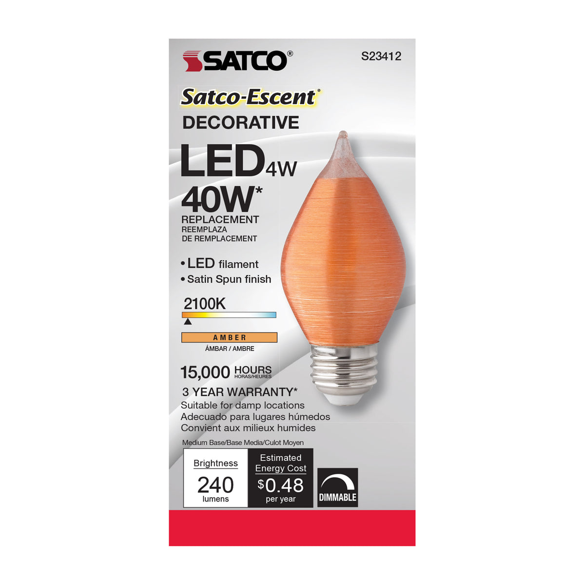 4 Watt C15 LED Filament - Satin Spun - Amber - Medium base - 2100K - 240 Lumens - 120 Volt