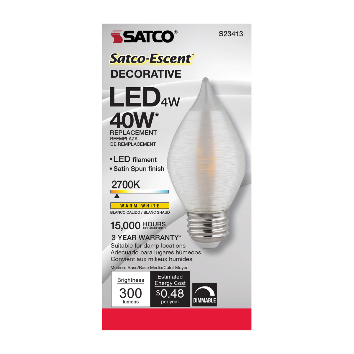 4 Watt C15 LED Filament - Satin Spun - Clear - Medium base - 2700K - 300 Lumens - 120 Volt