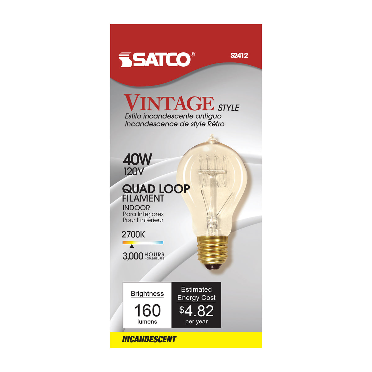 40 Watt A19 Incandescent - Clear - 3000 Average rated hours - 160 Lumens - Medium base - 120 Volt