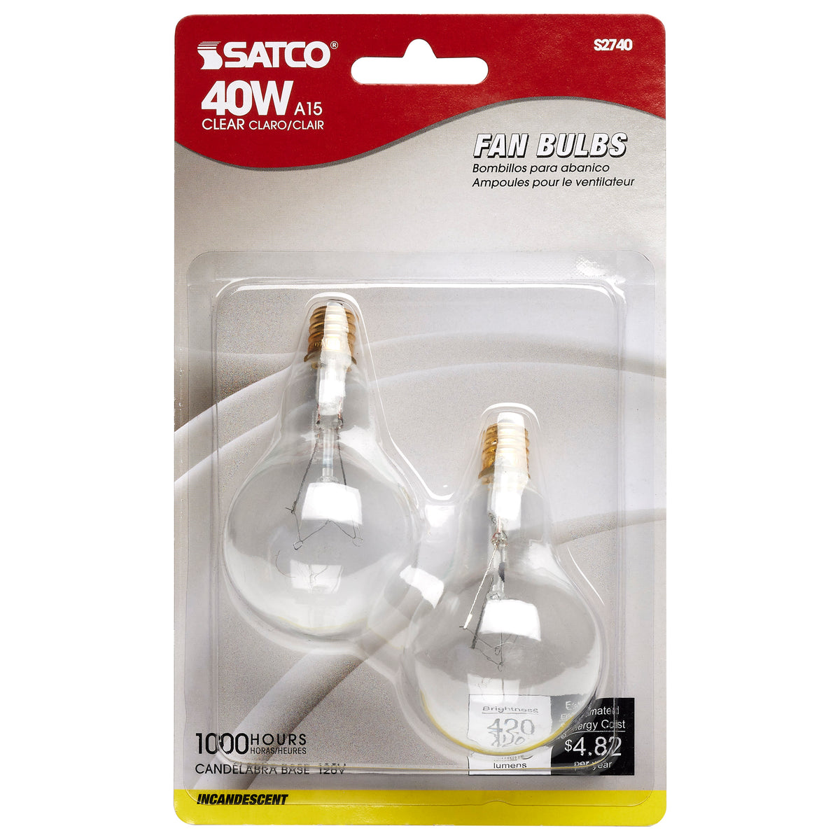 40 Watt A15 Incandescent - Clear - Appliance Lamp - 1000 Average rated hours - 420 Lumens - Candelabra base - 120 Volt - 2-Card