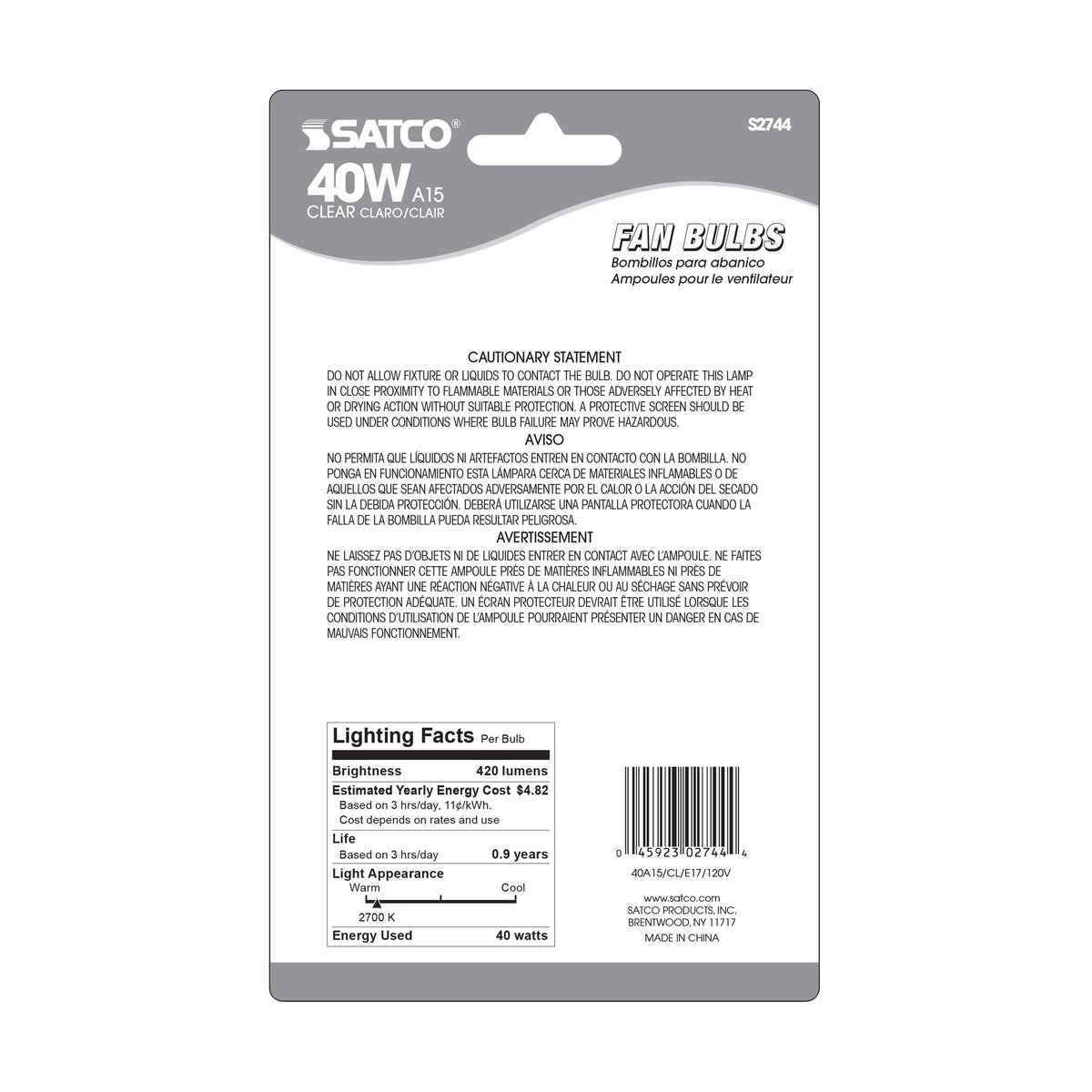 40 Watt A15 Incandescent - Clear - Appliance Lamp - 1000 Average rated hours - 420 Lumens - Intermediate base - 120 Volt - 2-Card