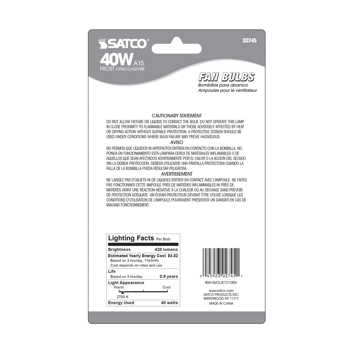 40 Watt A15 Incandescent - Frost - Appliance Lamp - 1000 Average rated hours - 420 Lumens - Intermediate base - 120 Volt - 2-Card