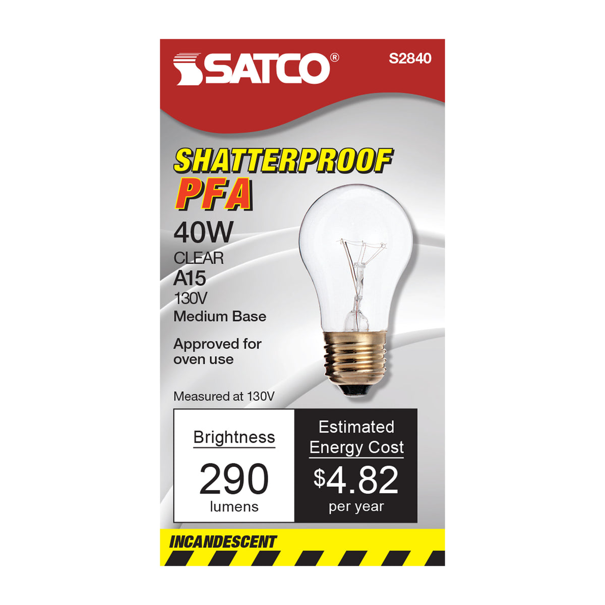 40 Watt A15 Incandescent - Clear - Appliance Lamp - 2500 Average rated hours - 300/225 Lumens - Medium base - 130/120 Volt - Teflon/PFA Shatterproof