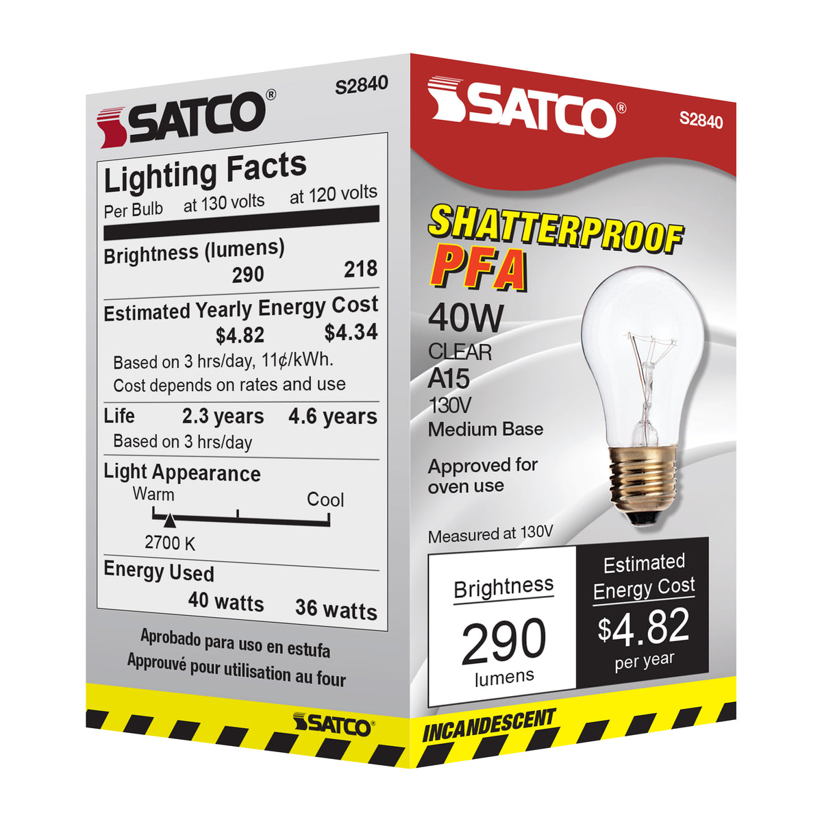 40 Watt A15 Incandescent - Clear - Appliance Lamp - 2500 Average rated hours - 300/225 Lumens - Medium base - 130/120 Volt - Teflon/PFA Shatterproof