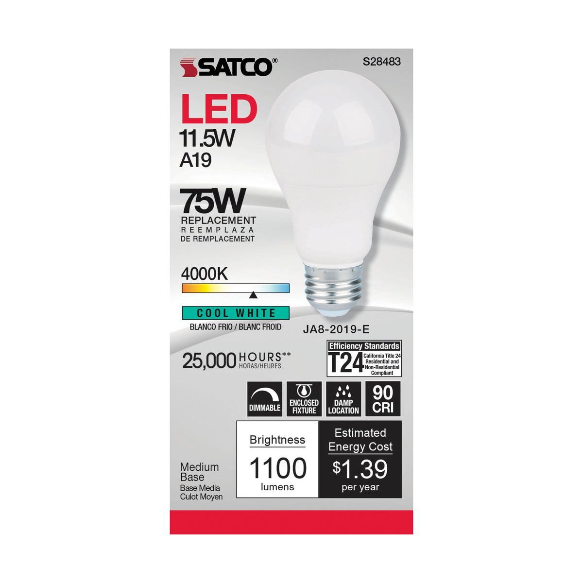 11.5 Watt - A19 LED - 90CRI - 4000K - Medium base - 220 deg. Beam Angle - 120 Volt - 1100 Lumens - CEC