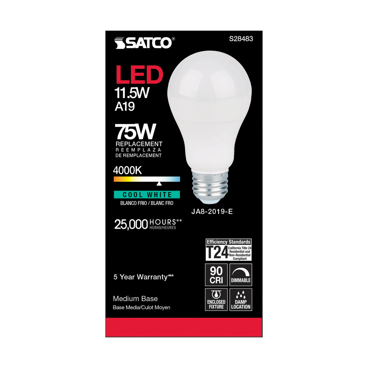 11.5 Watt - A19 LED - 90CRI - 4000K - Medium base - 220 deg. Beam Angle - 120 Volt - 1100 Lumens - CEC