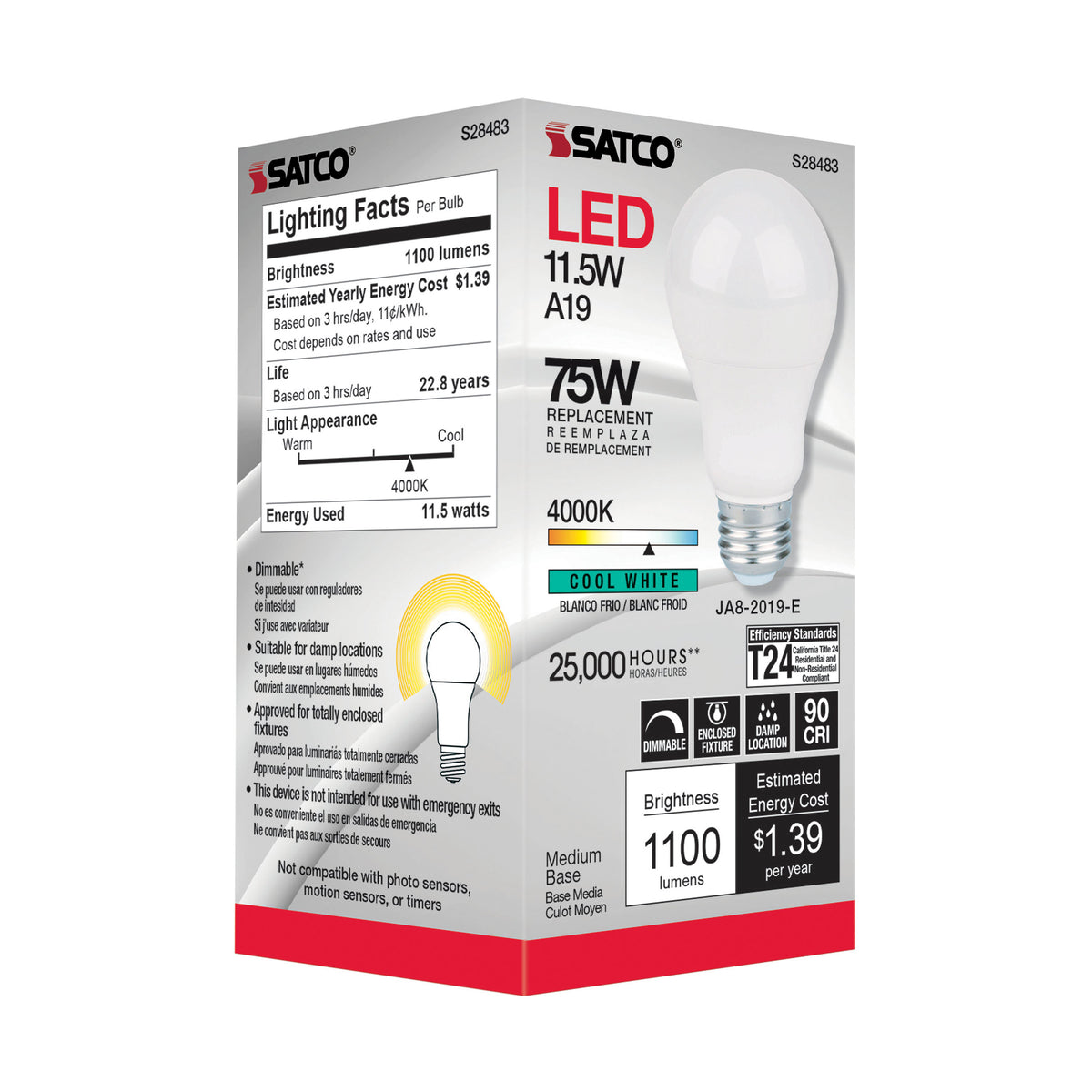 11.5 Watt - A19 LED - 90CRI - 4000K - Medium base - 220 deg. Beam Angle - 120 Volt - 1100 Lumens - CEC