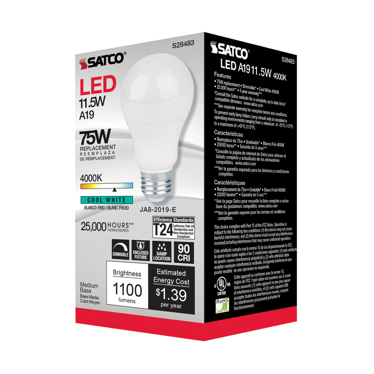 11.5 Watt - A19 LED - 90CRI - 4000K - Medium base - 220 deg. Beam Angle - 120 Volt - 1100 Lumens - CEC