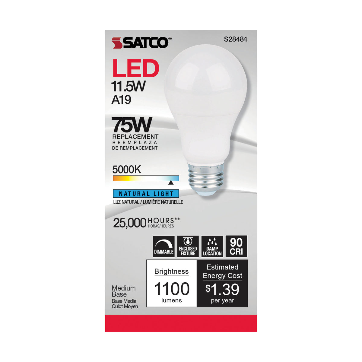 11.5 Watt - A19 LED - 90CRI - 5000K - Medium base - 220 deg. Beam Angle - 120 Volt - 1100 Lumens - CEC