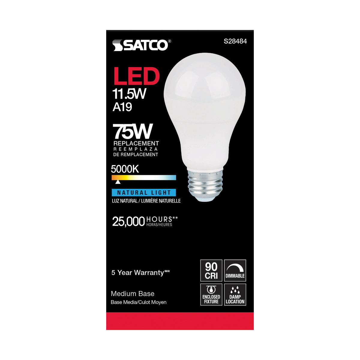 11.5 Watt - A19 LED - 90CRI - 5000K - Medium base - 220 deg. Beam Angle - 120 Volt - 1100 Lumens - CEC
