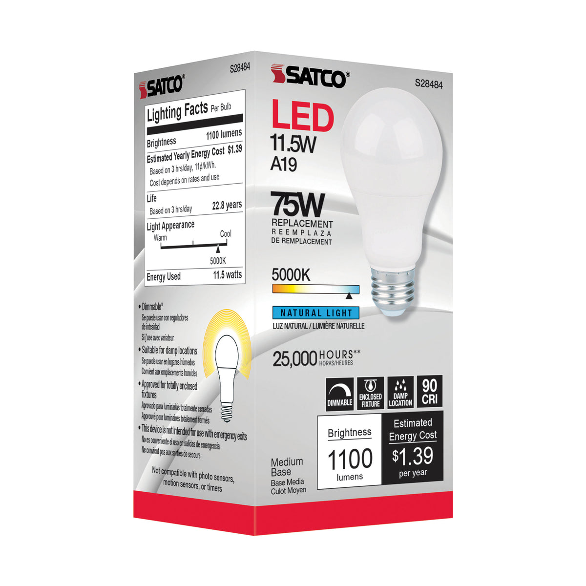 11.5 Watt - A19 LED - 90CRI - 5000K - Medium base - 220 deg. Beam Angle - 120 Volt - 1100 Lumens - CEC