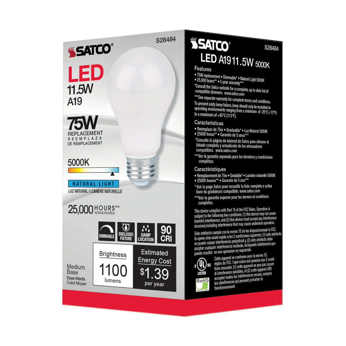 11.5 Watt - A19 LED - 90CRI - 5000K - Medium base - 220 deg. Beam Angle - 120 Volt - 1100 Lumens - CEC