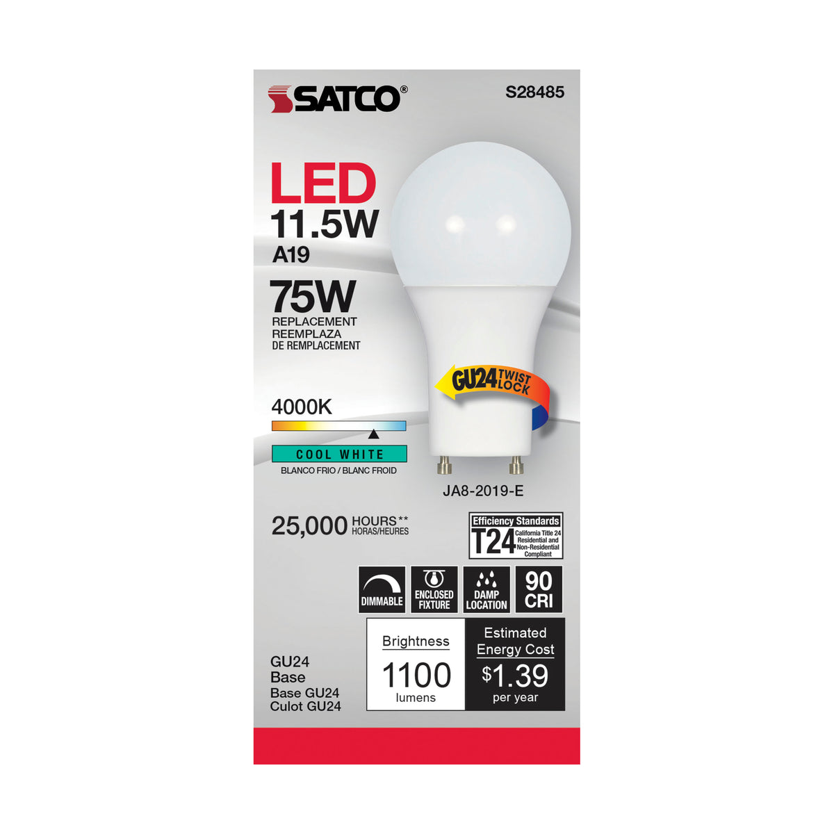 11.5 Watt - A19 LED - 90CRI - 4000K - GU24 base - 220 deg. Beam Angle - 120 Volt - 1100 Lumens - CEC