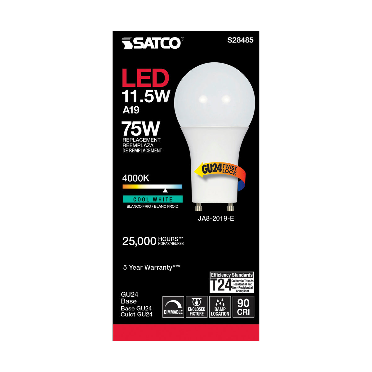 11.5 Watt - A19 LED - 90CRI - 4000K - GU24 base - 220 deg. Beam Angle - 120 Volt - 1100 Lumens - CEC