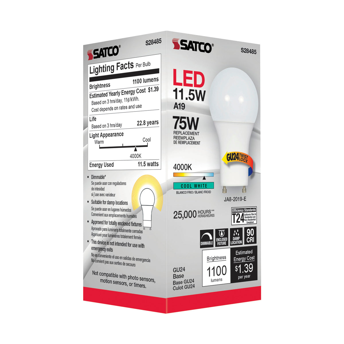11.5 Watt - A19 LED - 90CRI - 4000K - GU24 base - 220 deg. Beam Angle - 120 Volt - 1100 Lumens - CEC