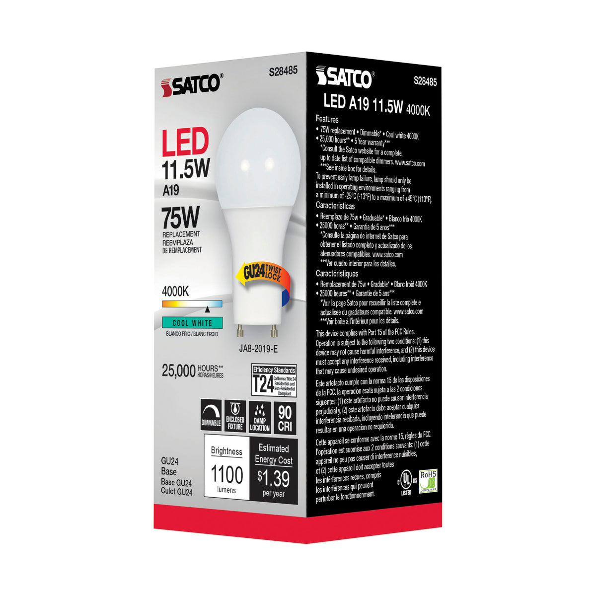 11.5 Watt - A19 LED - 90CRI - 4000K - GU24 base - 220 deg. Beam Angle - 120 Volt - 1100 Lumens - CEC