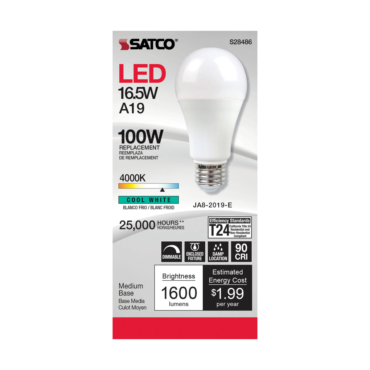 16.5 Watt - A19 LED - 90CRI - 4000K - Medium base - 220 deg. Beam Angle - 120 Volt - 1600 Lumens - CEC