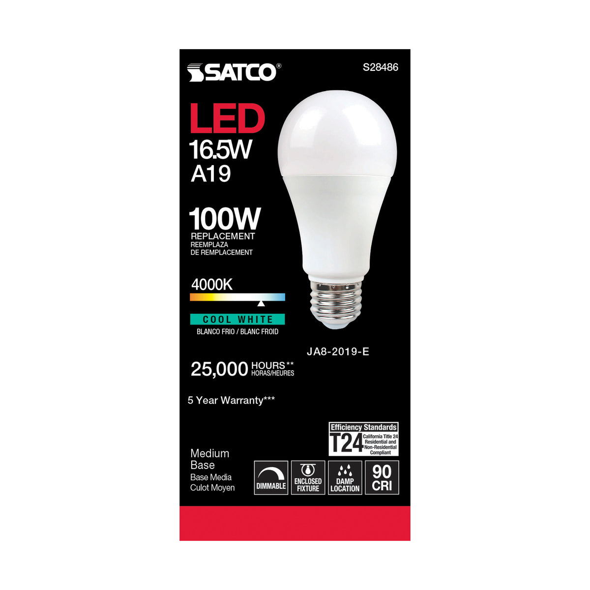 16.5 Watt - A19 LED - 90CRI - 4000K - Medium base - 220 deg. Beam Angle - 120 Volt - 1600 Lumens - CEC