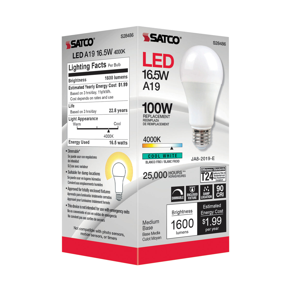 16.5 Watt - A19 LED - 90CRI - 4000K - Medium base - 220 deg. Beam Angle - 120 Volt - 1600 Lumens - CEC