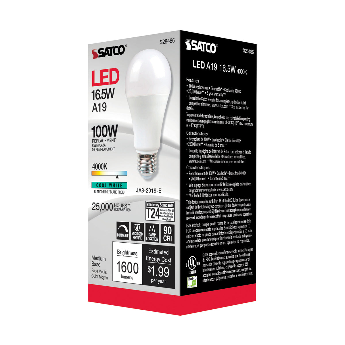 16.5 Watt - A19 LED - 90CRI - 4000K - Medium base - 220 deg. Beam Angle - 120 Volt - 1600 Lumens - CEC