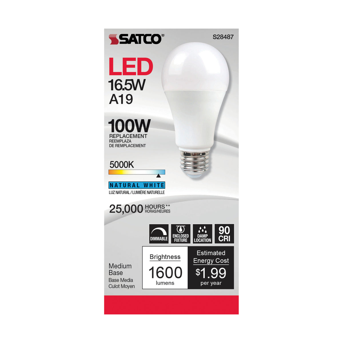 16.5 Watt - A19 LED - 90CRI - 5000K - Medium base - 220 deg. Beam Angle - 120 Volt - 1600 Lumens - CEC