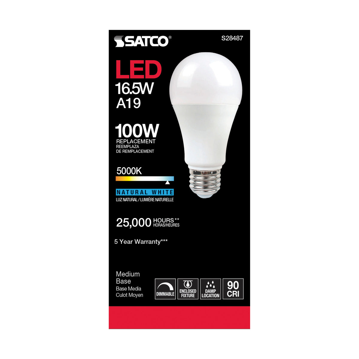 16.5 Watt - A19 LED - 90CRI - 5000K - Medium base - 220 deg. Beam Angle - 120 Volt - 1600 Lumens - CEC