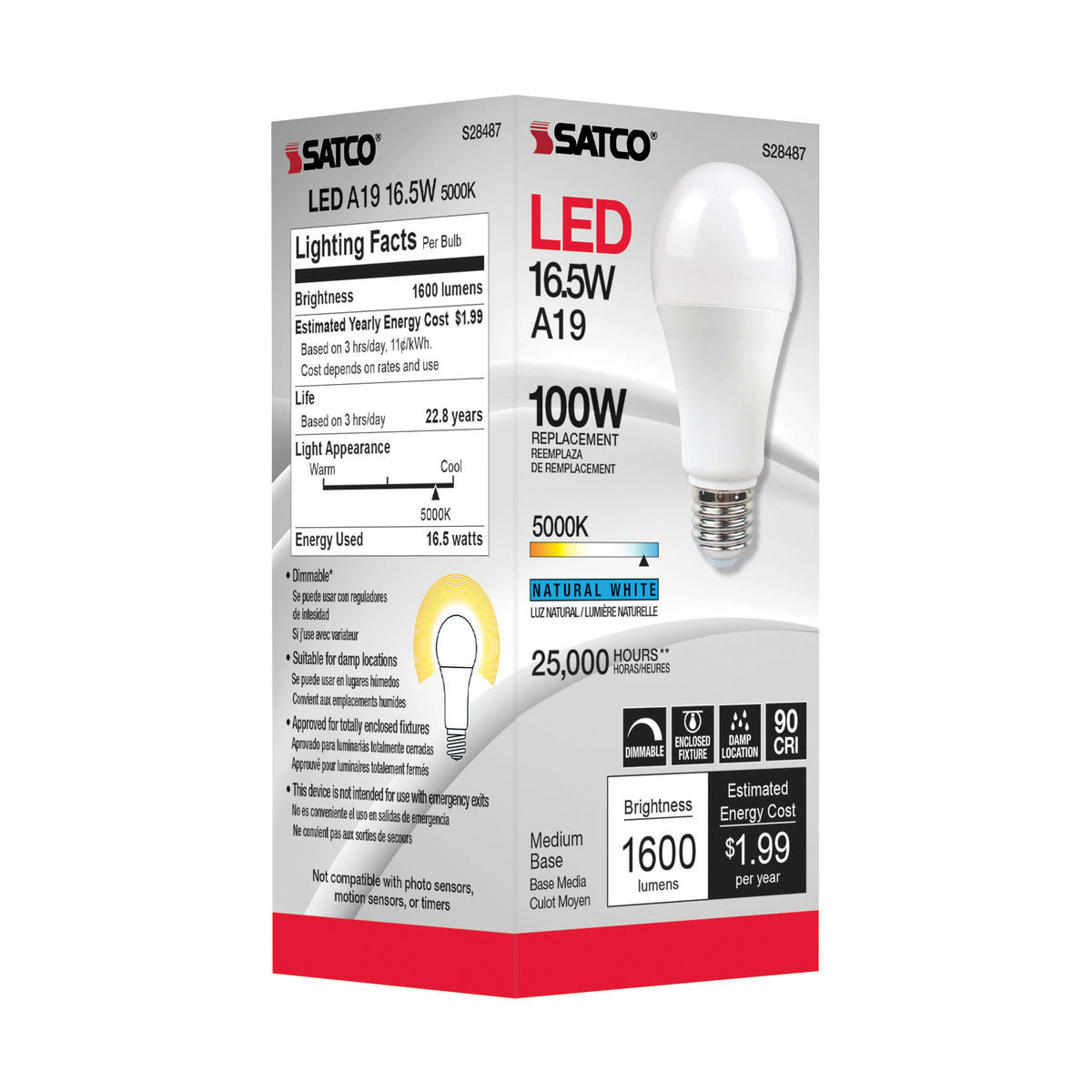 16.5 Watt - A19 LED - 90CRI - 5000K - Medium base - 220 deg. Beam Angle - 120 Volt - 1600 Lumens - CEC