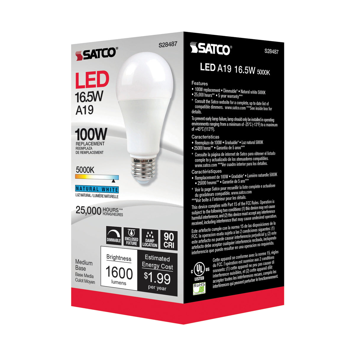 16.5 Watt - A19 LED - 90CRI - 5000K - Medium base - 220 deg. Beam Angle - 120 Volt - 1600 Lumens - CEC
