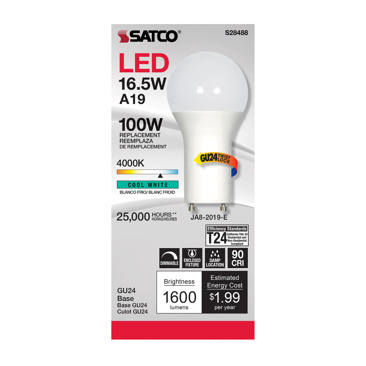 16.5 Watt - A19 LED - 90CRI - 4000K - GU24 base - 220 deg. Beam Angle - 120 Volt - 1600 Lumens - CEC