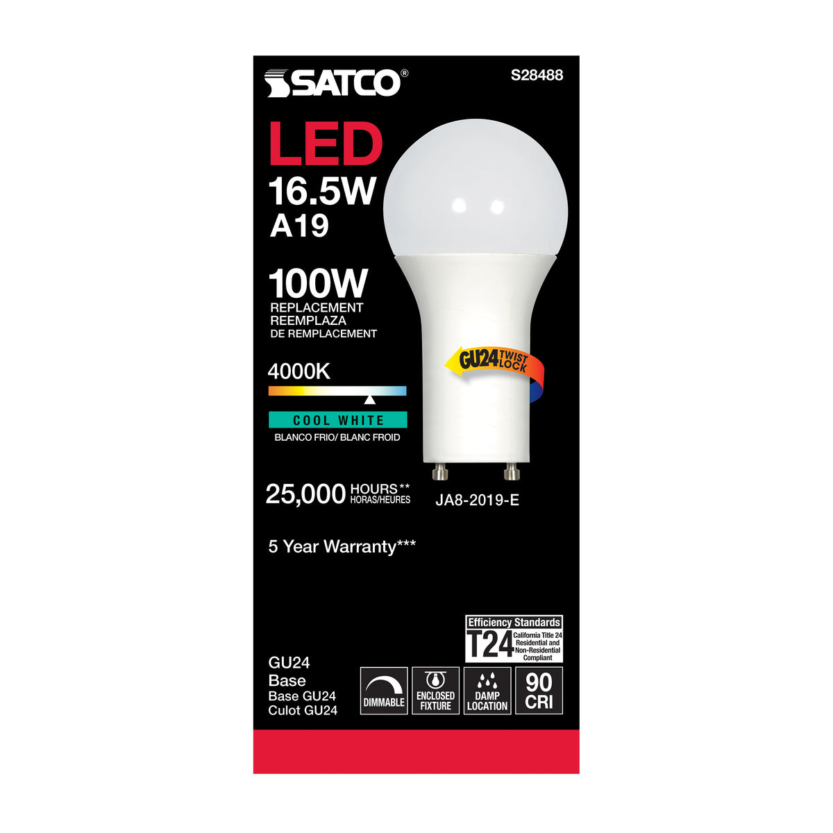 16.5 Watt - A19 LED - 90CRI - 4000K - GU24 base - 220 deg. Beam Angle - 120 Volt - 1600 Lumens - CEC