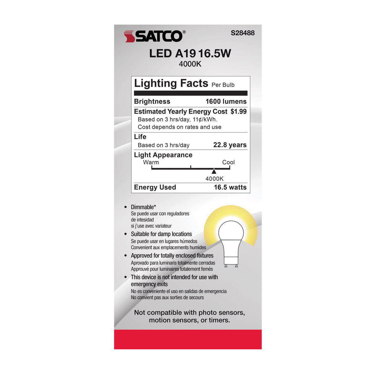 16.5 Watt - A19 LED - 90CRI - 4000K - GU24 base - 220 deg. Beam Angle - 120 Volt - 1600 Lumens - CEC