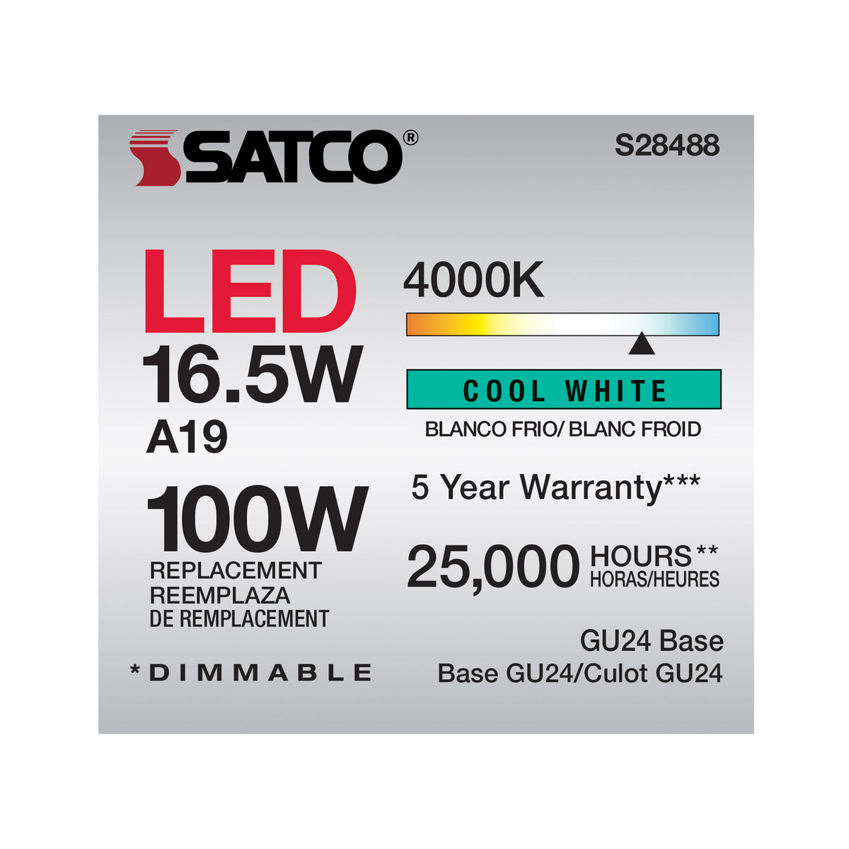 16.5 Watt - A19 LED - 90CRI - 4000K - GU24 base - 220 deg. Beam Angle - 120 Volt - 1600 Lumens - CEC