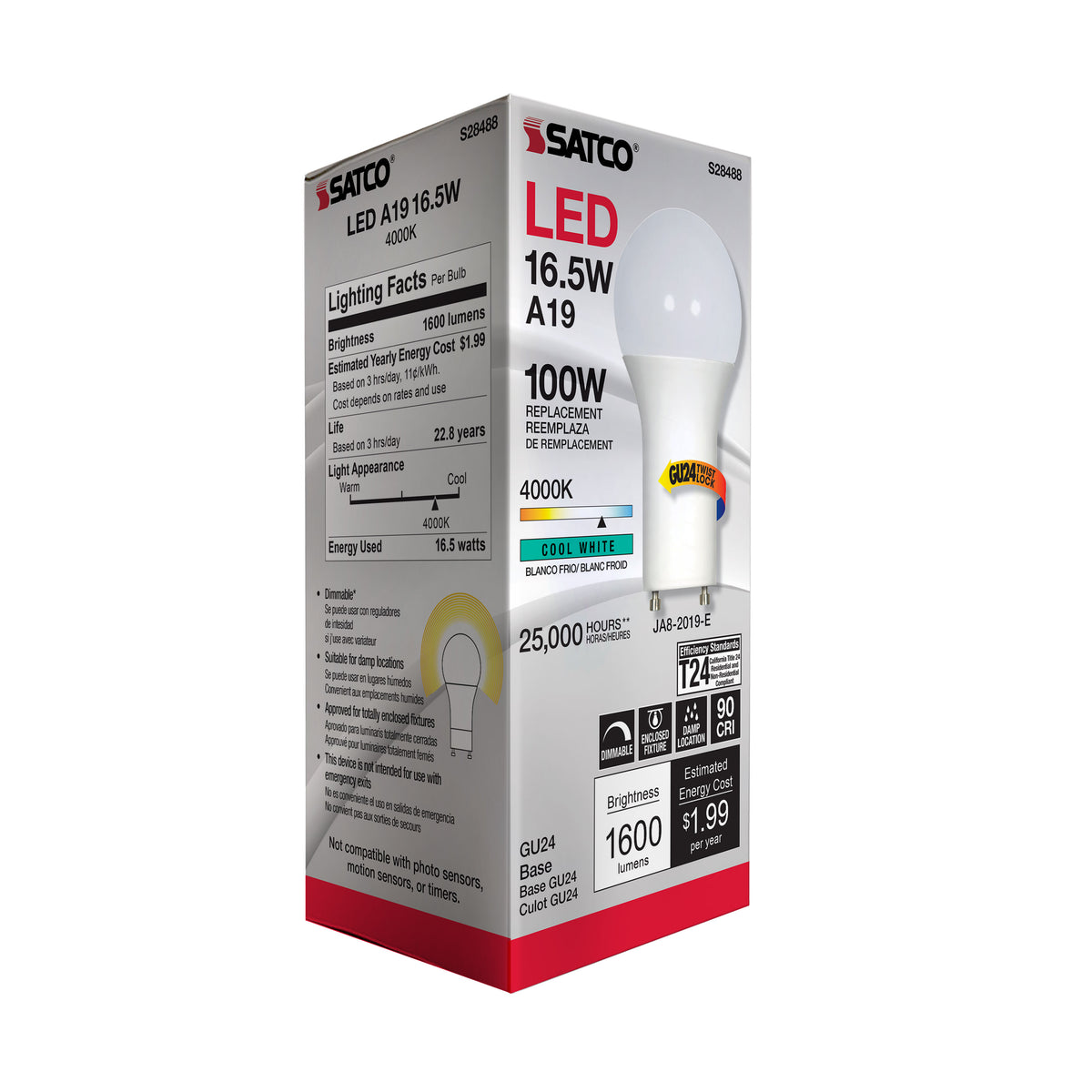 16.5 Watt - A19 LED - 90CRI - 4000K - GU24 base - 220 deg. Beam Angle - 120 Volt - 1600 Lumens - CEC