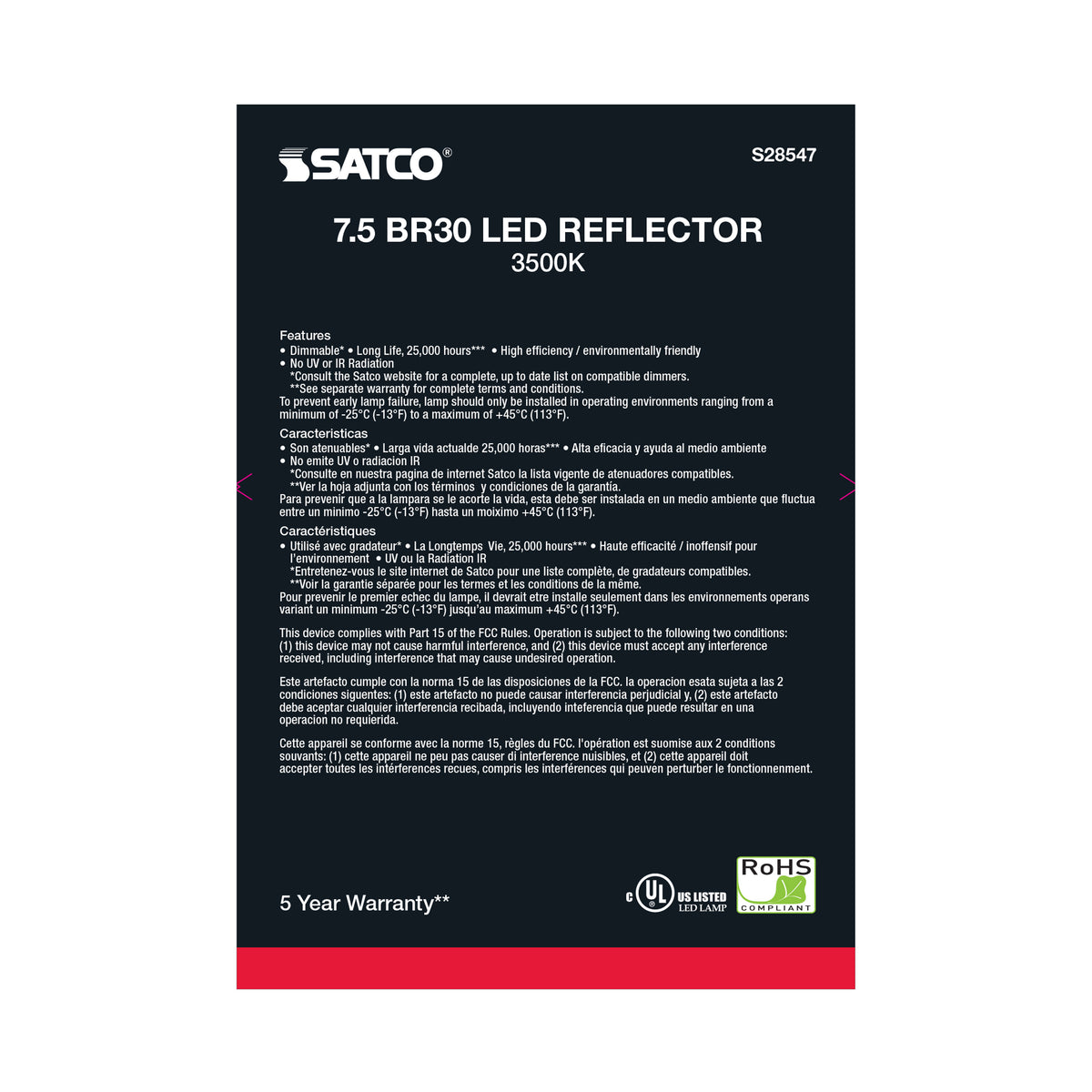 7.5 Watt - BR30 LED - 3500K - Medium base - 120 Volt