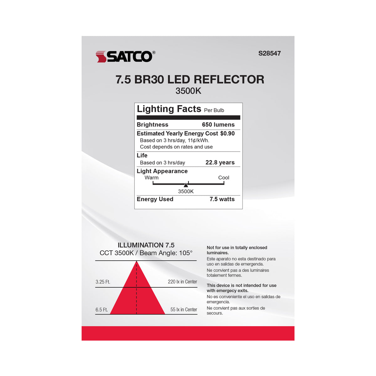 7.5 Watt - BR30 LED - 3500K - Medium base - 120 Volt