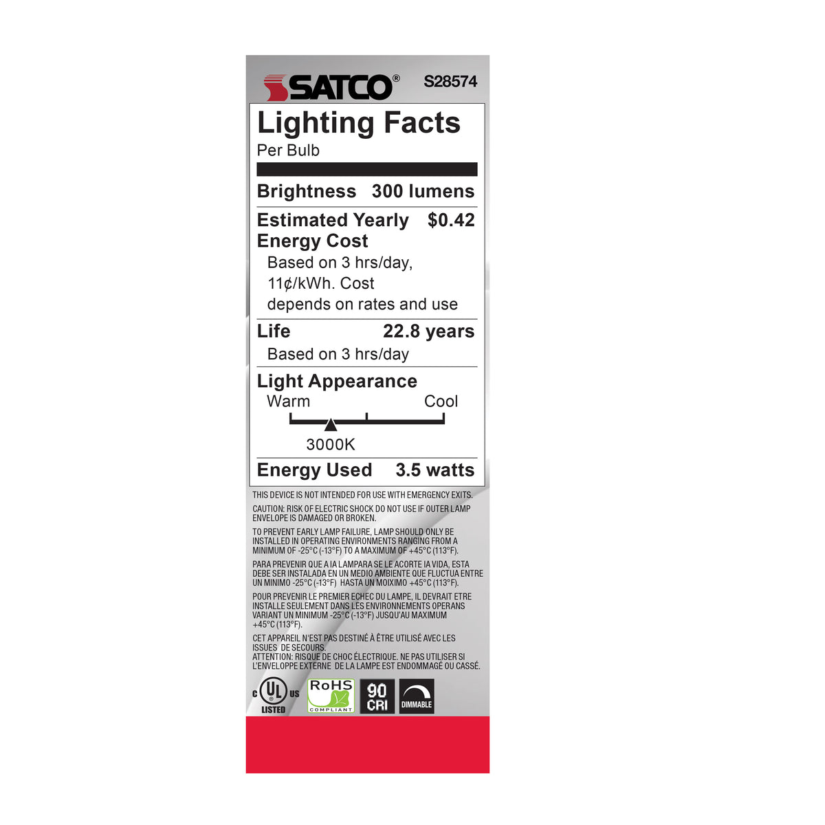 3.5 Watt LED Candle - 3000K - Candelabra base - 120 Volt