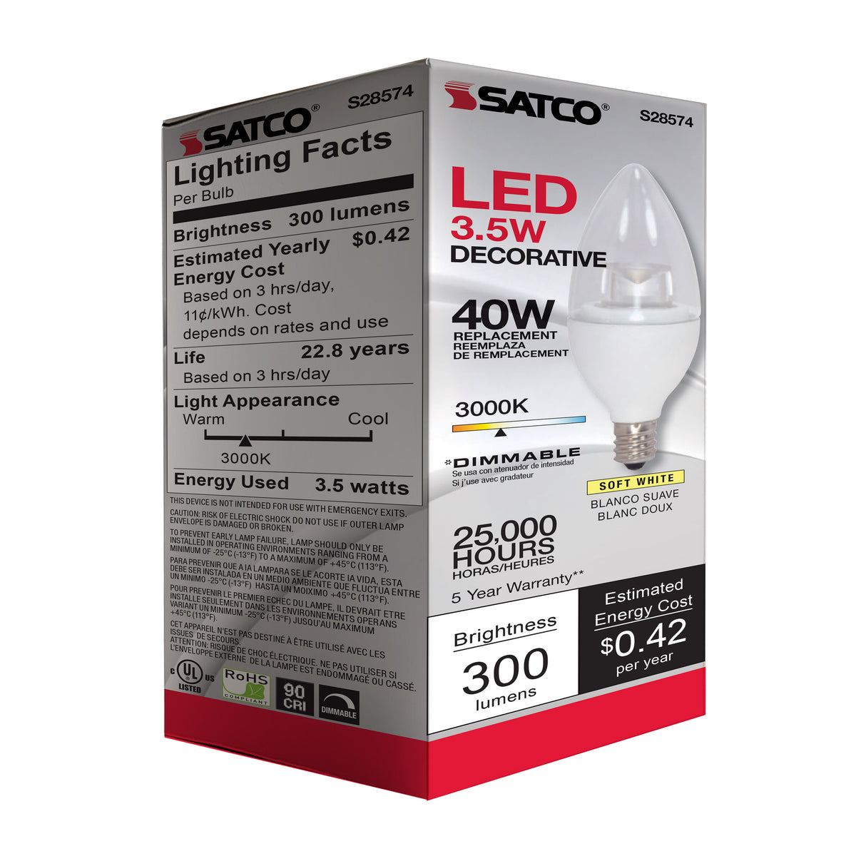 3.5 Watt LED Candle - 3000K - Candelabra base - 120 Volt
