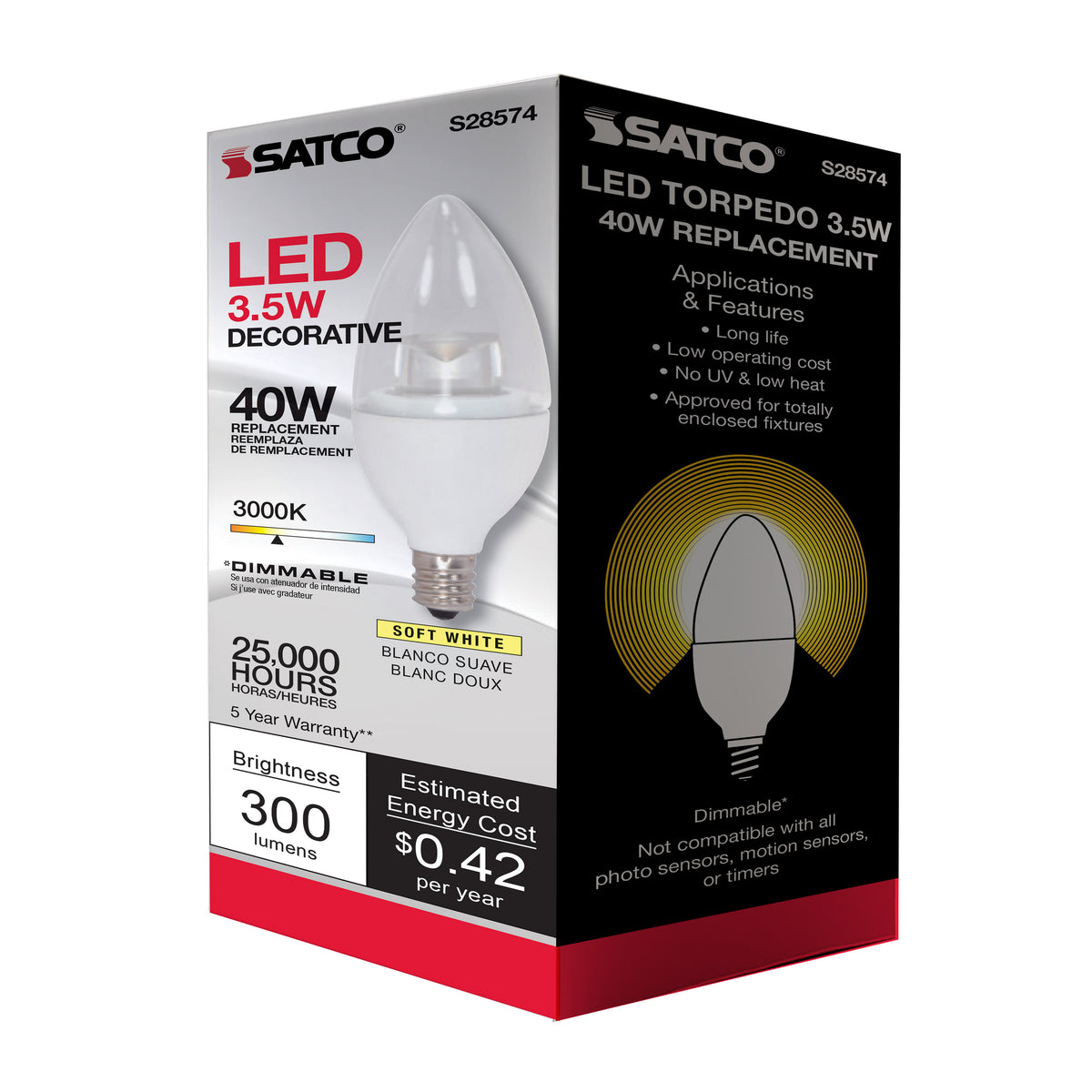 3.5 Watt LED Candle - 3000K - Candelabra base - 120 Volt