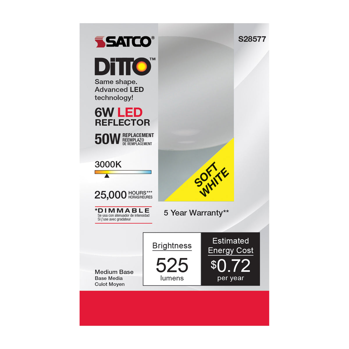 6 Watt - R20 LED - 3000K - Medium base - 120 Volt