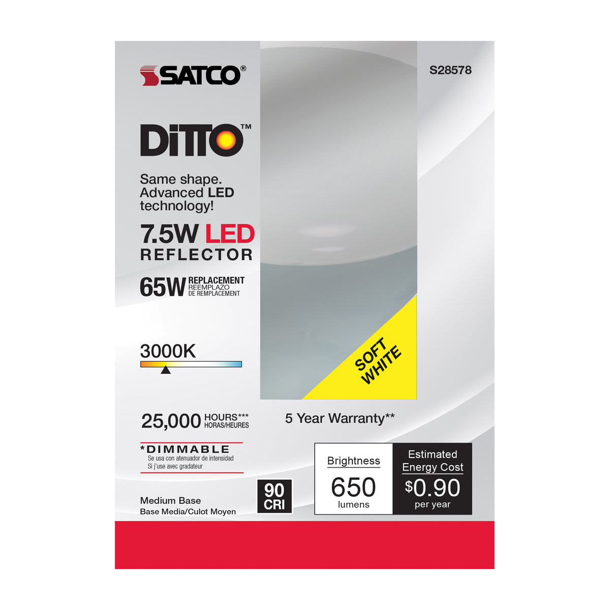 7.5 Watt - BR30 LED - 3000K - Medium base - 120 Volt