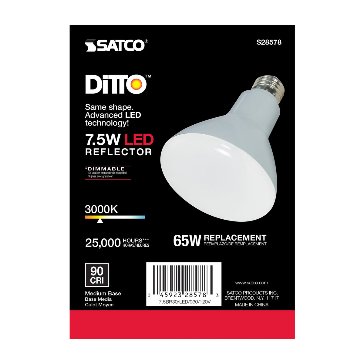 7.5 Watt - BR30 LED - 3000K - Medium base - 120 Volt