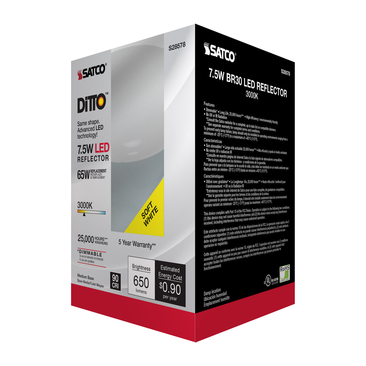 7.5 Watt - BR30 LED - 3000K - Medium base - 120 Volt