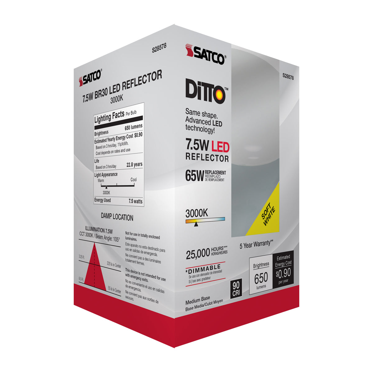 7.5 Watt - BR30 LED - 3000K - Medium base - 120 Volt