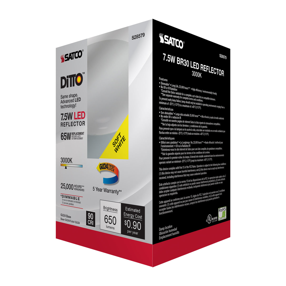 7.5 Watt - BR30 LED - 3000K - GU24 base - 120 Volt
