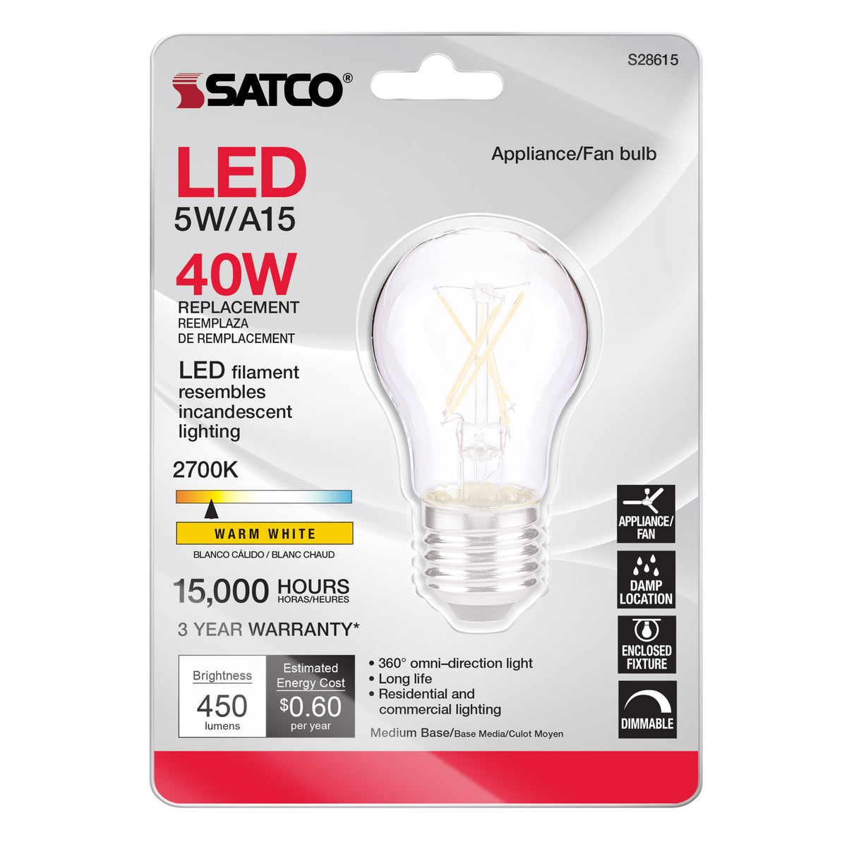 5 Watt A15 LED Filament - Clear - Medium base - 2700K - 120 Volt - Carded