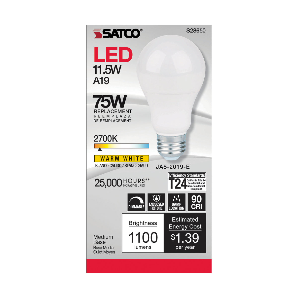 11.5 Watt - A19 LED - 90CRI - 2700K - Medium base - 220 deg. Beam Angle - 120 Volt - 1100 Lumens - CEC