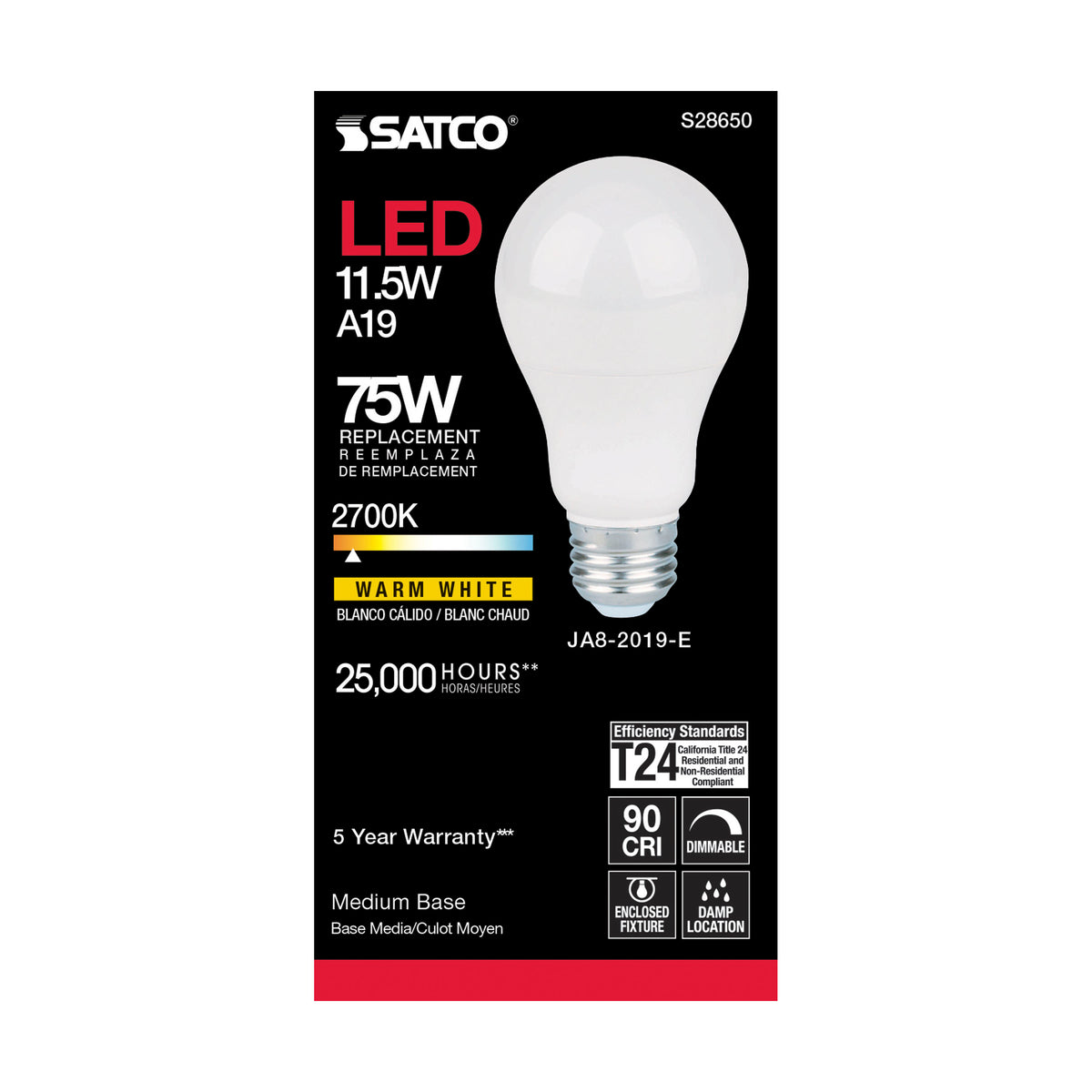 11.5 Watt - A19 LED - 90CRI - 2700K - Medium base - 220 deg. Beam Angle - 120 Volt - 1100 Lumens - CEC
