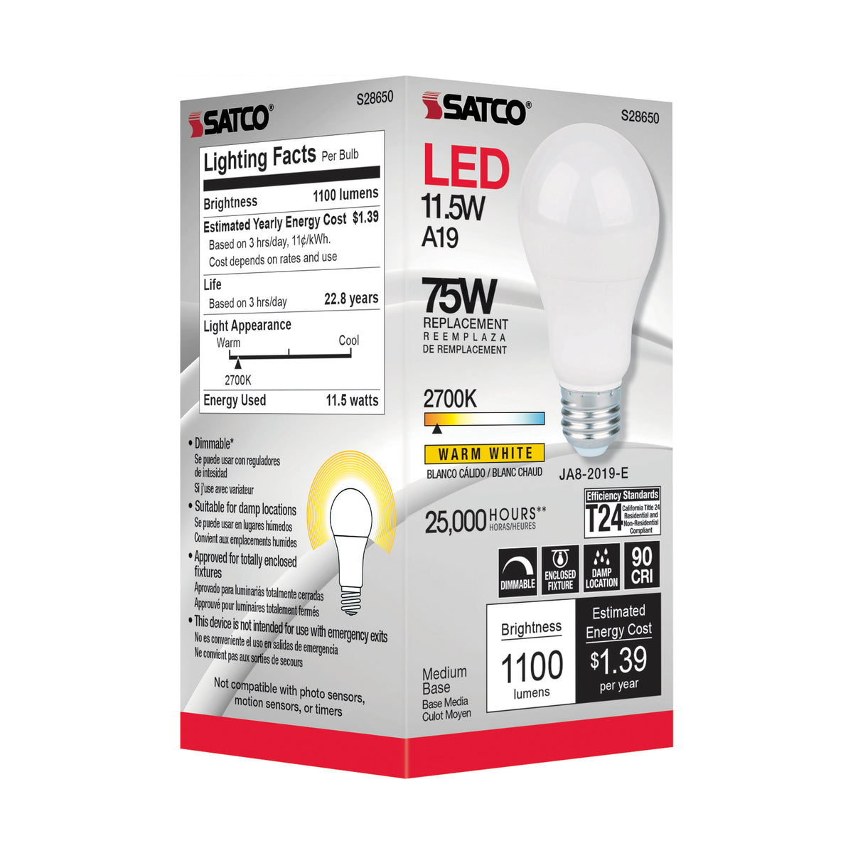 11.5 Watt - A19 LED - 90CRI - 2700K - Medium base - 220 deg. Beam Angle - 120 Volt - 1100 Lumens - CEC