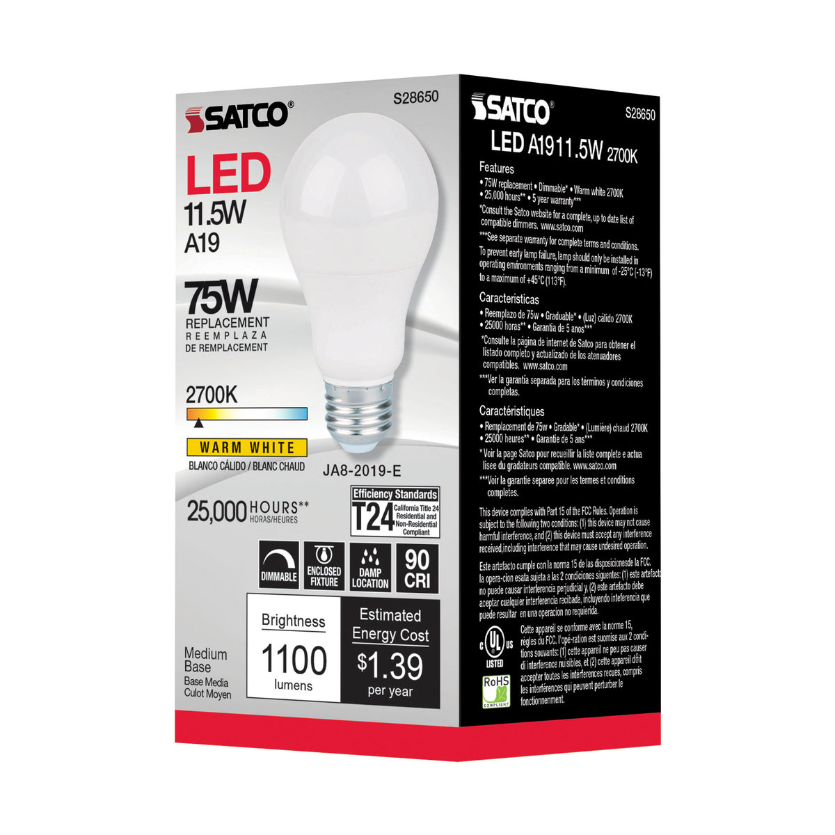11.5 Watt - A19 LED - 90CRI - 2700K - Medium base - 220 deg. Beam Angle - 120 Volt - 1100 Lumens - CEC