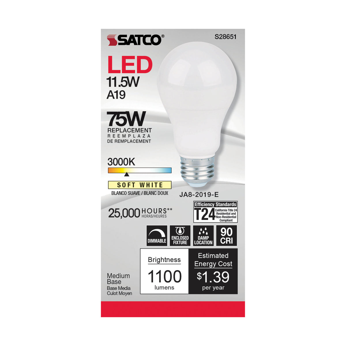 11.5 Watt - A19 LED - 90CRI - 3000K - Medium base - 220 deg. Beam Angle - 120 Volt - 1100 Lumens - CEC